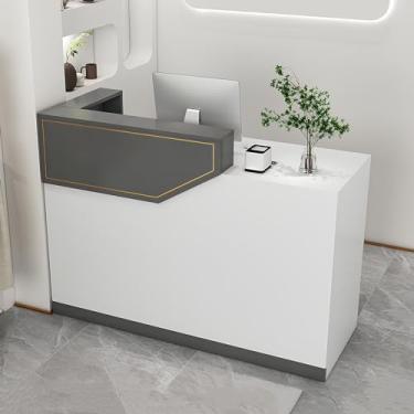 Imagem de Mesa de recepção moderna - balcão de caixa frontal com gaveta e armário com trava para escritório, salão de beleza, saguão - Design funcional e elegante para espaços de trabalho