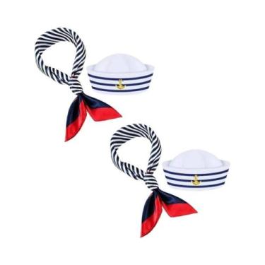 Imagem de Conjunto De Cachecol E Chapéu De Marinheiro Listrado Azul Marinho E Br
