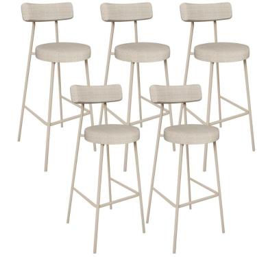 Imagem de Kit 05 Banquetas Alta Bar Cozinha Sala De Jantar Aço Milão Arena L02 Linho Palha - Lyam Decor