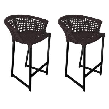 Imagem de Kit 2 Banquetas Reis Em Corda Náutica E Base Em Alumínio Preta Para área Gourmet Externa Marrom