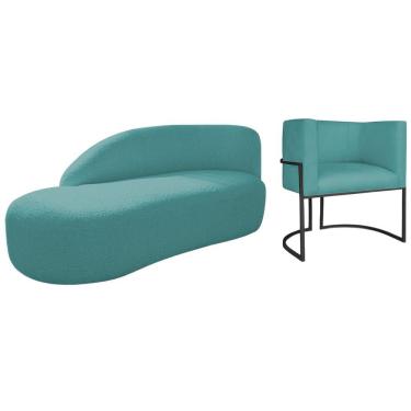 Imagem de Kit Divã Luna 185cm Lado Esquerdo E 01 Poltrona Base De Ferro Preto Suede Cor Azul Turquesa