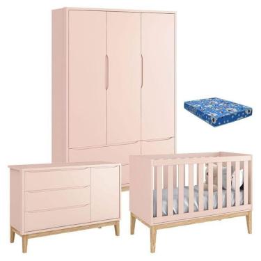 Imagem de Quarto De Bebê Classic 3 Portas Com Colchão Rosa Pés Madeira Natural ? Reller