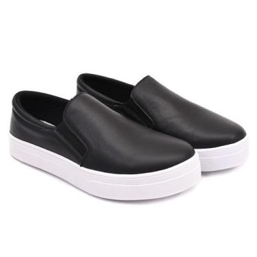 Imagem de Tênis Slip On de Couro Liso Sola Alta de Elástico Cor Preto - Izabela 