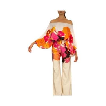 Imagem de Conjunto Feminino De Blusa De Seda Com Estampa, Ombros Descidos E Mang