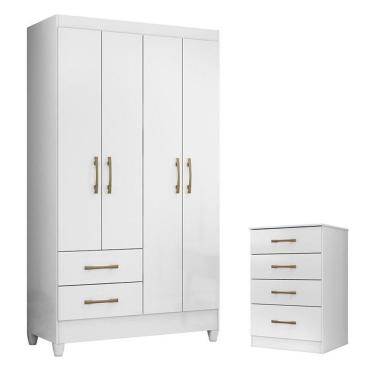 Imagem de Guarda Roupa Solteiro Chile e Cômoda Ms913 4 Portas Giratórias 2 Gavetas em MDP com Cabideiro Branco Brilho