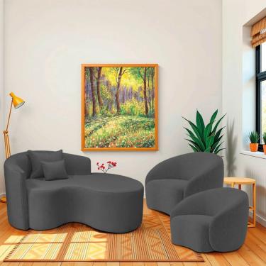 Imagem de Kit Recamier Curvo Sala De Estar Inglaterra 150cm Lado Direito E 2 Poltronas Orgânica Luxo Amore Linho Cinza Escuro