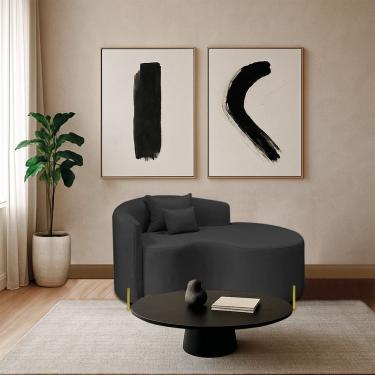 Imagem de Divã Recamier Curvo Sala De Estar Recepção Inglaterra 150cm Pés Metal Dourado Lado Direito Linho Preto