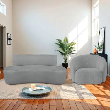 Imagem de Kit Sofá Conjunto Amsterdã Amore 200cm Cinza em Poliéster com Recamier Curvo e Poltrona