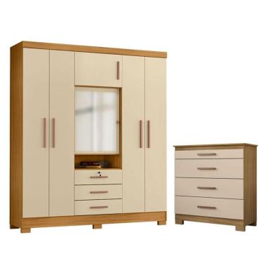 Imagem de Cômoda 4 Gavetas New E Guarda Roupa Casal Imperial Carvalho Americano Off White - Incorplac