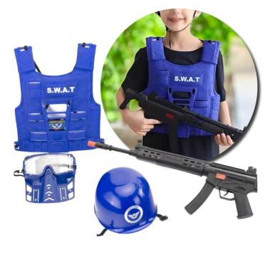 Imagem de Brinquedo Kit Policial Colete com Rifle e Acessórios Infantil Educativo com Máscara e Capacete Azul Utimix