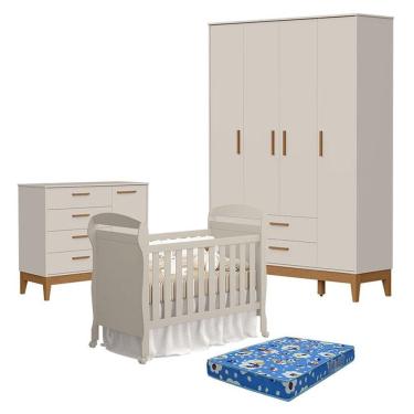 Imagem de Quarto De Bebê 4 Portas Com Cômoda Com Porta Flip E Berço Americano Danny Areia Acetinado Com Colchão Ortobom - Reller