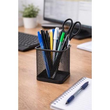Imagem de Porta Canetas Aramado Quadrado Preto Organizador Mesa Escritório Aço -