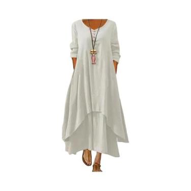 Imagem de Vestido longo solto feminino com botão, cor sólida, algodão, moda casu