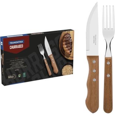 Imagem de Jogo para Churrasco 15 Peças Tramontina Lâminas Aço Inox Cabo Madeira Polywood Castanho