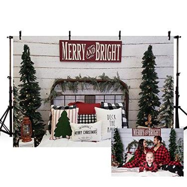 Imagem de MEHOFOND Fundo de fotografia de Natal de 2,4 x 1,8 m árvore de Natal feliz e brilhante árvore de Natal retrô de madeira cabeceira de parede de madeira para interior de inverno, Natal, festa de família, decoração de retrato de criança