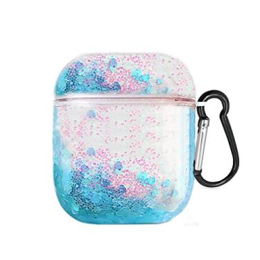 Imagem de UnnFiko Capa de areia movediça brilhante compatível com AirPods, capa protetora líquida fofa brilhante, capa divertida criativa rígida transparente com chaveiro (AirPods 1 e 2, azul)