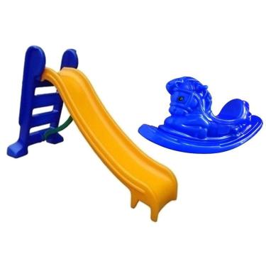 Imagem de Escorregador Infantil 3 Degraus Com Gangorra Cavalinho - Amarelo E Azul