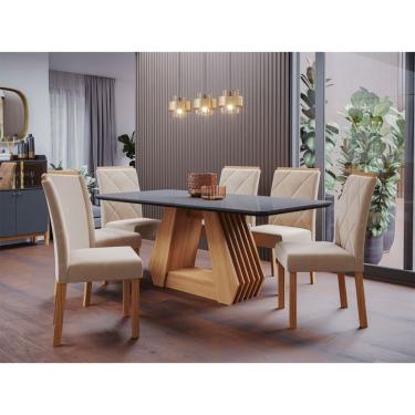 Imagem de Conjunto de Mesa de Jantar com Tampo de Vidro Chumbo Agata e 6 Cadeiras Fernanda Suede Nude e Nature