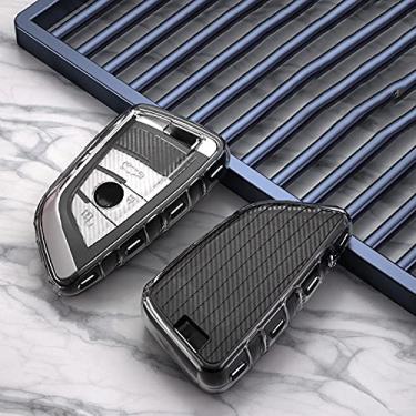 Imagem de CSHU Fibra de carbono Proteção da capa da chave do carro Capa do porta-chaves do porta-chaves Porta-chaves com anel, adequada para BMW X3 X1 X5 X6 7 Série 3, preta