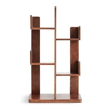 Imagem de KIZQYN Estante de madeira de 3 camadas estante independente de piso prateleira de exibição multifuncional prateleiras organizador de utilidades para sala de estar, estante de escritório em casa (cor: cor de nogueira)