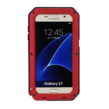 Imagem de Capa compatível com Samsung Galaxy S7, capa de metal resistente para esportes ao ar livre, à prova d'água, à prova de choque, à prova de poeira, capa de corpo inteiro com protetor de tela temperado de vidro embutido (vermelho)