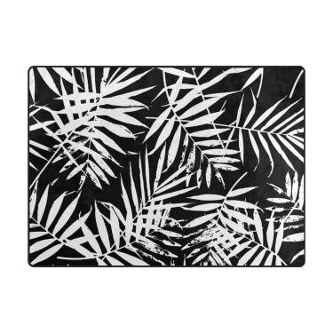 Imagem de ALAZA Tapete de área de folhas de palmeira preto e branco 1,25 m x 1,60 m, sala de estar, quarto, cozinha, tapete impresso em espuma leve