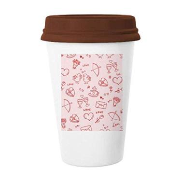 Imagem de Caneca de cerâmica rosa com corações vermelhos, amor dia dos namorados, copo de café com tampa de cerâmica