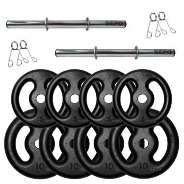 Imagem de Kit de Halteres com 2 Barras Tubo Oca + 60Kg em Anilhas de Ferro-Unissex