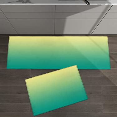 Imagem de Conjunto de 2 tapetes de cozinha gradiente amarelo a verde ombré design para tapetes acolchoados no chão e tapetes antiderrapante absorvente corredor confortável tapete de pé