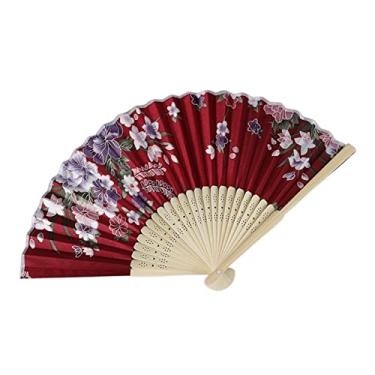 Imagem de Leque dobrável estilo chinês japonês leque de seda ventilador dobrável leque de casamento presentes de arte dança ventilador de mão vintage bambu dobrável ventilador de flores acessórios decorativos feitos à mão (cor: H)