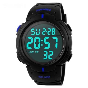 Imagem de Relógio masculino digital esportivo com mostrador grande com tela LED, estilo militar simples, impermeável, casual, luminoso, com cronômetro e despertador, Azul