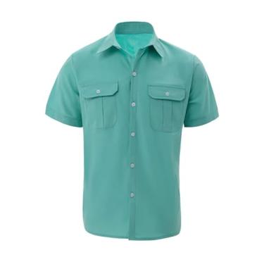 Imagem de Camisa masculina de algodão de manga curta, camisa de verão com botões para praia, camisa básica sólida, camiseta casual com bolso duplo (Color : Green, Size : M)