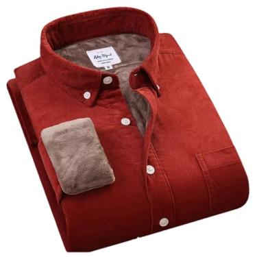Imagem de Camisa masculina de veludo cotelê grosso de algodão quente, manga comprida, gola de botão, outono e inverno para homens, Vermelho escuro, PP