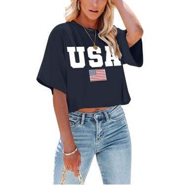 Imagem de Camiseta cropped feminina com bandeira americana EUA camiseta patriótica 4 de julho Memorial Day camiseta feminina cropped tops, EUA - azul-marinho, G