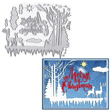 Imagem de Árvores de Natal Alce Cortes de matriz para fazer cartões, Natal floresta animais conjuntos de matrizes de corte de fundo de animais de floresta de natal Feliz Natal moldes de palavras estênceis modelo de gravação para scrapbooking cartões faça você mesmo álbum suprimentos de artesanato