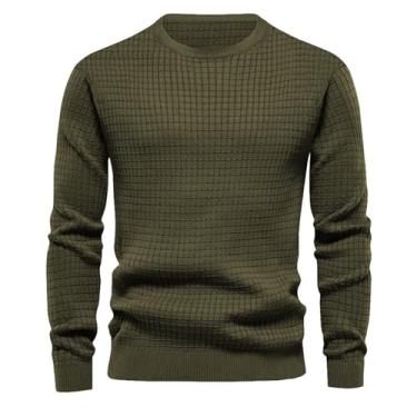 Imagem de Suéter masculino de gola redonda fina camada base pequena malha quadrada pulôver camada base cor sólida, Verde militar, XXG