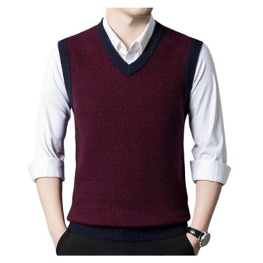 Imagem de Suéter masculino sem mangas gola V cor contrastante pulôver tops macio elástico respirável quente, Vinho tinto, 3G
