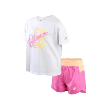 Imagem de New Balance Conjunto de shorts ativos para meninas - camiseta de manga curta de 2 peças e shorts de corrida - Lindo traje de verão para meninas (7-12), Branco, rosa, 10-12