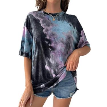 Imagem de SOFIA'S CHOICE Camisetas femininas grandes tie dye gola redonda manga curta camiseta casual verão camisetas tops, Roxo, preto, XXG
