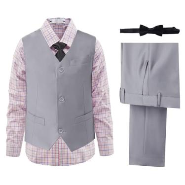 Imagem de Conjunto de colete e calça de smoking formal slim fit para adolescentes, roupas de casamento com gravata e gravata borboleta, Camisa xadrez cinza-claro e laranja, 16