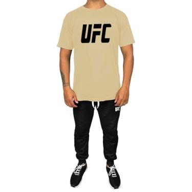 Imagem de Kit Conjunto Masculino Camiseta Algodão e Calça Moletom Casual Estampado UFC (Bege, GG)
