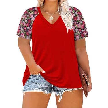 Imagem de ForHailey Camisetas femininas com gola V e manga curta patchwork, Vermelho, 4G Plus Size