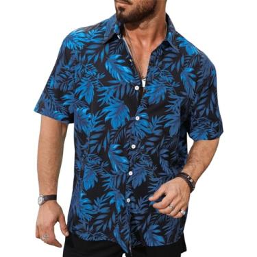 Imagem de Floerns Camisa havaiana masculina casual com estampa tropical de botão e manga curta, Folha azul, 3G