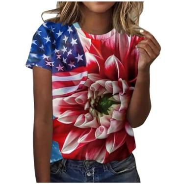 Imagem de Blusas femininas de 4 de julho fofas de verão com gola redonda e manga curta, camisetas patrióticas, camiseta folgada, A03 multicolorido, P