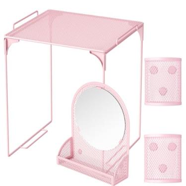 Imagem de Svartur Prateleira com espelho, copos magnéticos para canetas, organizador para trabalho, kit de acessórios de malha de metal para armário escolar, decoração de escritório, rosa