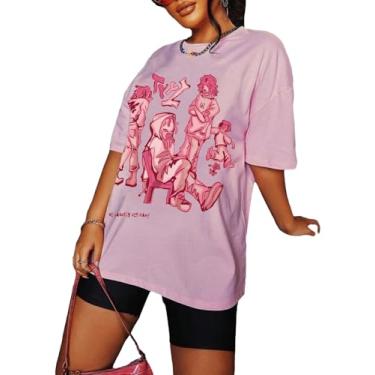 Imagem de SHENHE Camiseta feminina com estampa de gola redonda e manga curta de desenho urbano, rosa, G