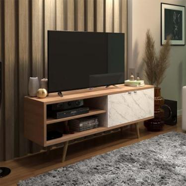 Imagem de Rack Para TV até 55 Polegadas 2 Portas 160x64cm Amêndoa/Mármore Branco
