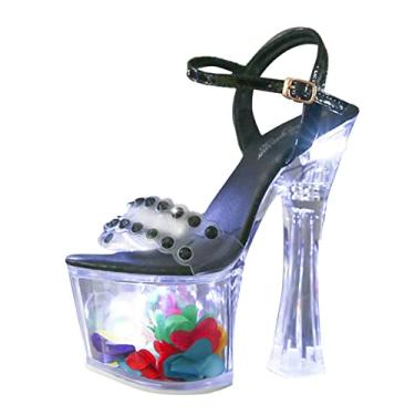 Imagem de Sandálias femininas elegantes de verão salto alto sexy salto agulha bico aberto plataforma tira no tornozelo sandálias de cristal brilhante, Preto, 8 Narrow