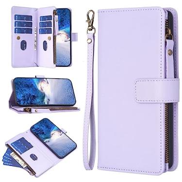 Imagem de Capa carteira 2 em 1 compatível com Google Pixel 7, bolsa magnética de couro premium com zíper flip capa de telefone com [slots de cartão] [alça de pulso] [bolso de dinheiro] capa (cor: roxo)