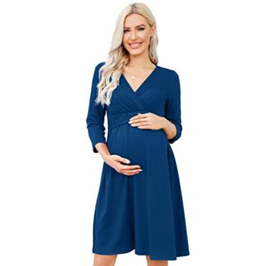 Imagem de FUNJULY Vestido de maternidade feminino casual com babados e gola V, manga curta, evasê, vestido midi para chá de bebê, Azul pavão, P